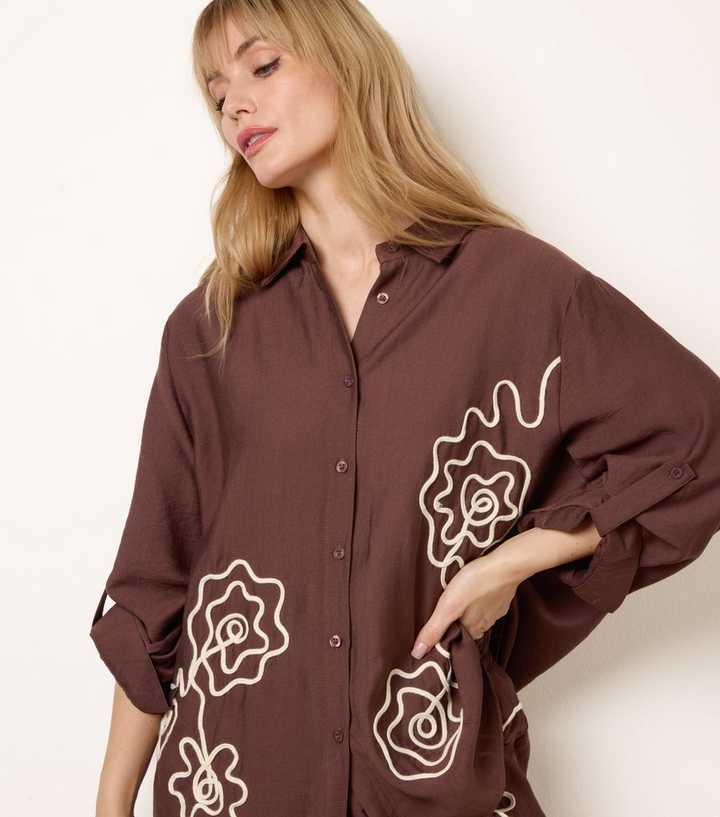 Blue Vanilla Dark Brown Floral Embroidered Shirt