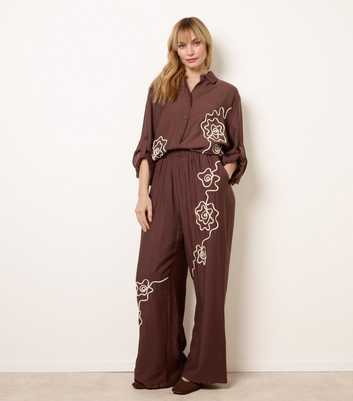 Blue Vanilla Dark Brown Floral Embroidered Trousers