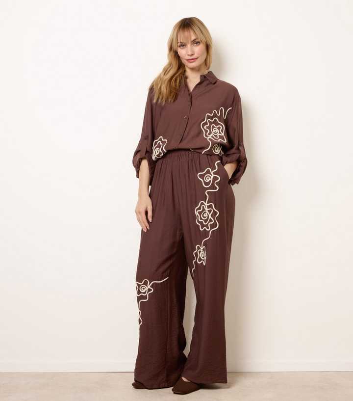 Blue Vanilla Dark Brown Floral Embroidered Trousers
