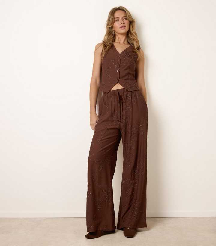 Blue Vanilla Dark Brown Flower Embroidered Waistcoat Trouser Set