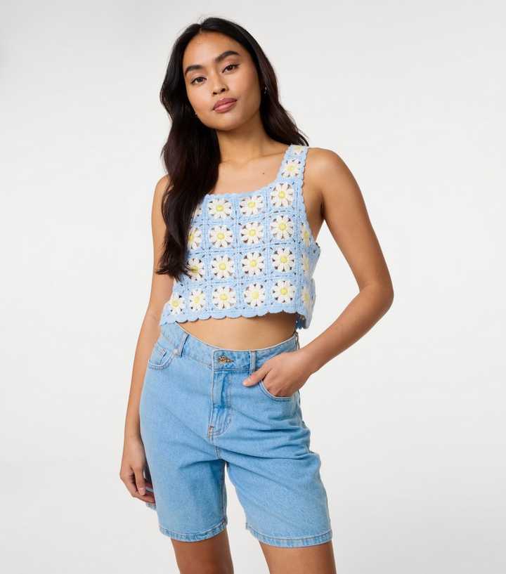 Pink Vanilla Blue Daisy Crochet Crop Top