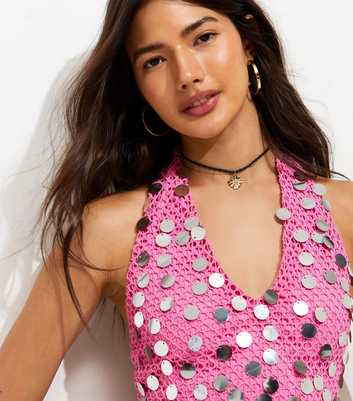 Bright Pink Festival Sequin Halter Top