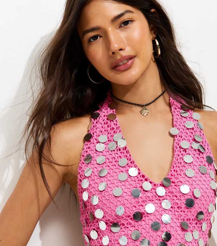Bright Pink Festival Sequin Halter Top