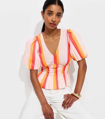 Multicolour Cotton Candy Stripe Shirred Waist Tea Blouse