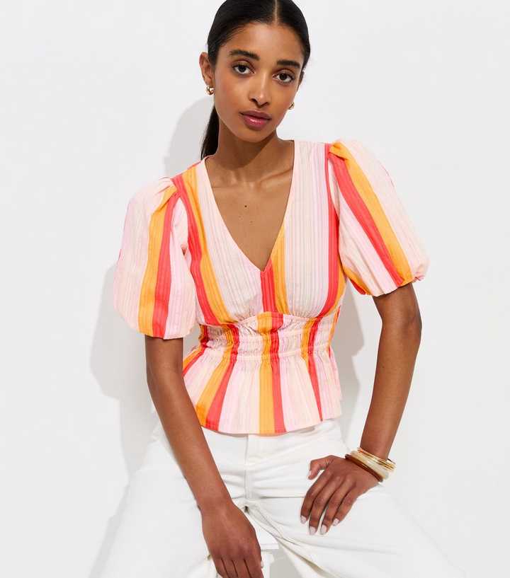 Multicolour Cotton Candy Stripe Shirred Waist Tea Blouse