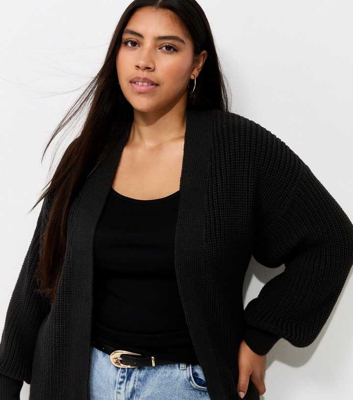 Curves Black Ribbed Knit Balloon Sleeve Cardigan