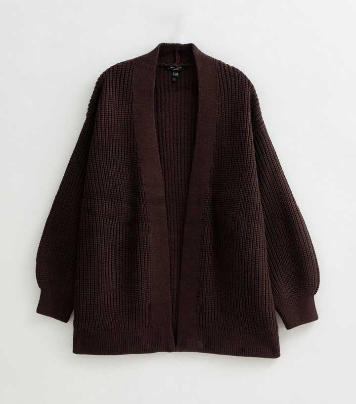 Curves Dark Brown Ribbed Knit Balloon Sleeve Cardigan