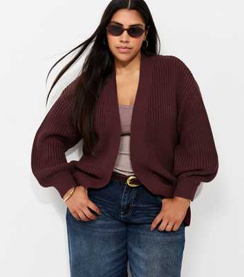 Curves Dark Burgundy Ribbed Knit Balloon Sleeve Cardigan