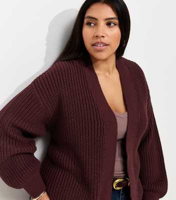 Curves Dark Burgundy Ribbed Knit Balloon Sleeve Cardigan