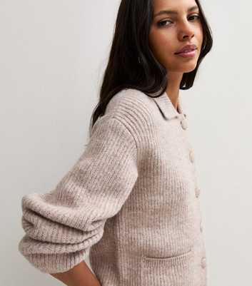 Oatmeal Ribbed Knit Spread Collar Button Front Cardigan