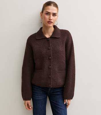 Dark Brown Ribbed Knit Spread Collar Button Front Cardigan