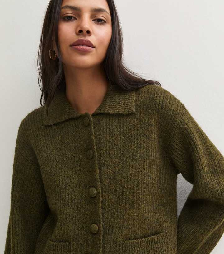 Light Khaki Ribbed Knit Spread Collar Button Front Cardigan