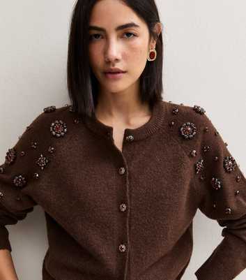 Dark Brown Embellished Brushed Knit Cardigan