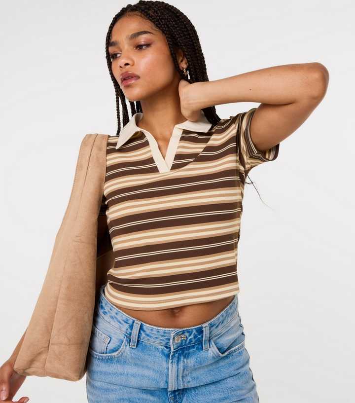 Pink Vanilla Brown Striped Rugby Short Sleeve Top