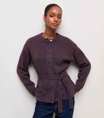Dark Purple Knitted Belted Cardigan