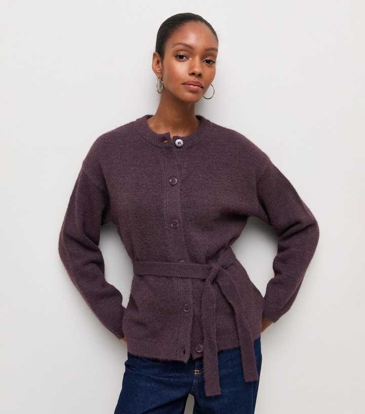 Dark Purple Knitted Belted Cardigan