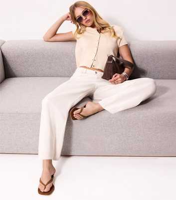 Off White Compact Knit Cap Sleeve Buttoned Top