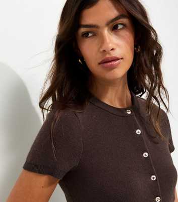 Dark Brown Compact Knit Cap Sleeve Buttoned Top