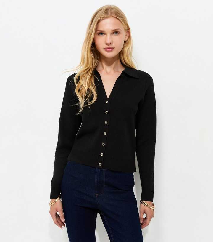 Black Compact Knit Collared Cardigan