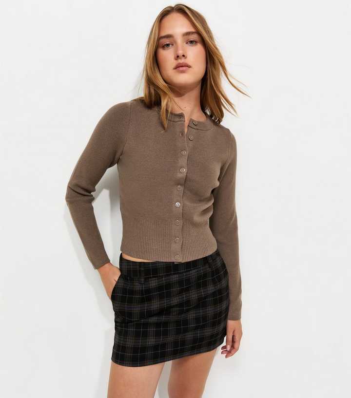 Dark Mink Compact Knit Crew Neck Cardigan