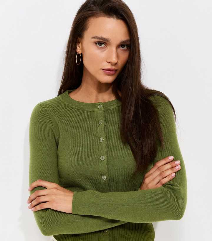Bright Green Compact Knit Crew Neck Cardigan