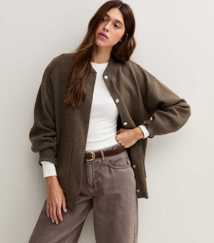 Dark Mink Compact Knit Longline Bomber Jacket