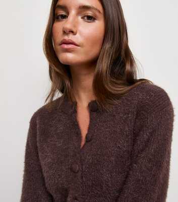 Dark Brown Covered Button Crew Neck Cardigan