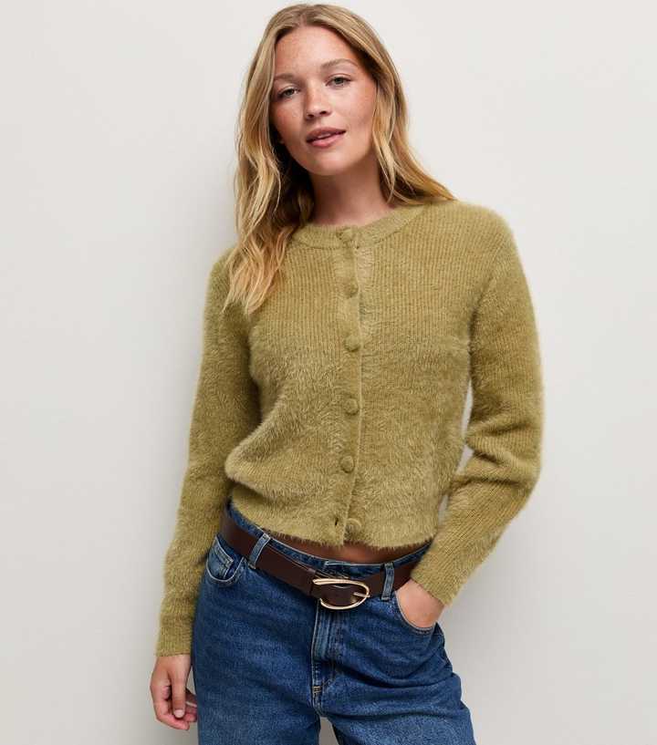 Green Covered Button Crew Neck Cardigan