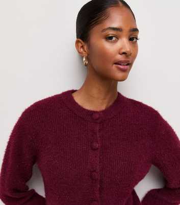 Dark Red Covered Button Crew Neck Cardigan