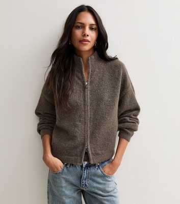 Dark Mink Brushed Knit Double Zip Cardigan with Wool