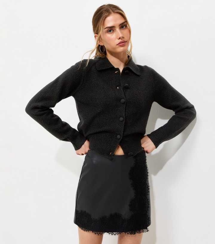 Black Midweight Knit Collared Button Front Cardigan