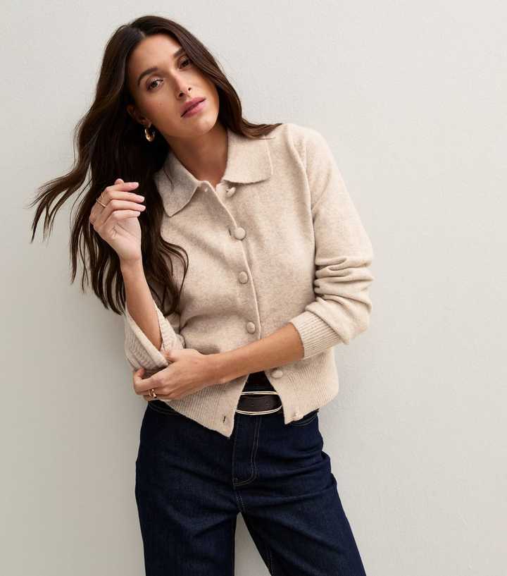 Oatmeal Midweight Knit Collared Button Front Cardigan