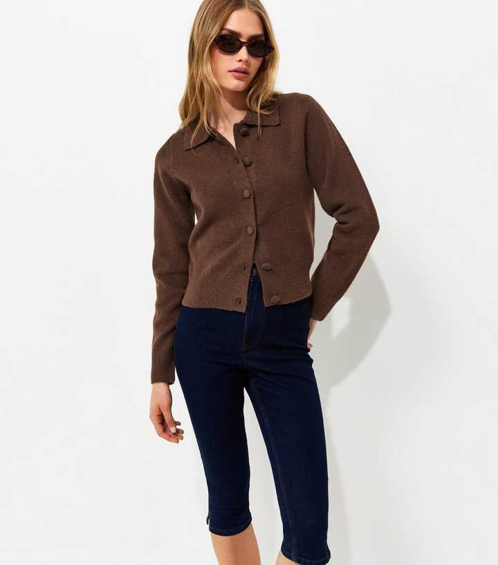Dark Brown Midweight Knit Collared Button Front Cardigan