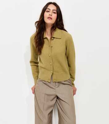Light Green Midweight Knit Collared Button Front Cardigan