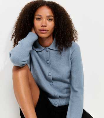 Blue Midweight Knit Collared Button Front Cardigan