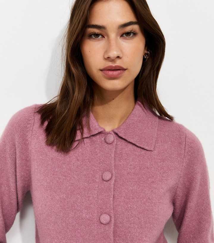 Dark Pink Midweight Knit Collared Button Front Cardigan