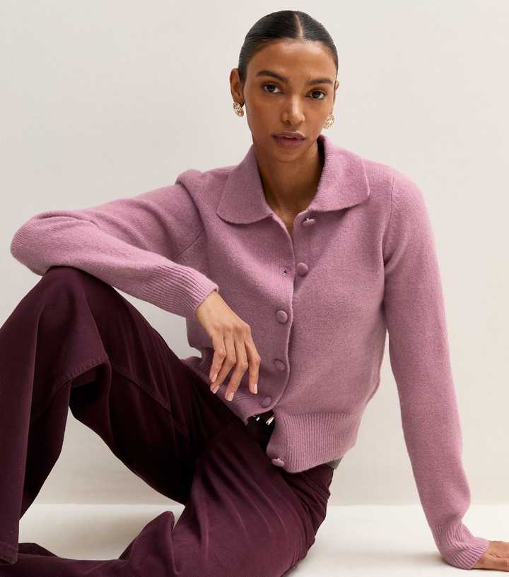 Dark Pink Midweight Knit Collared Button Front Cardigan
