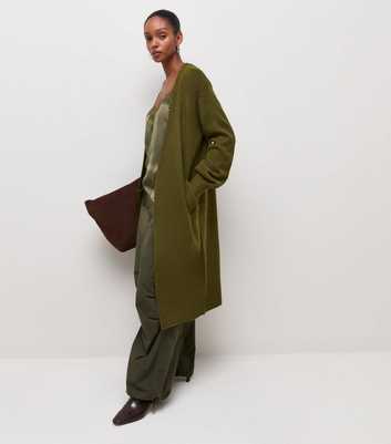 Dark Khaki Midweight Knit Side Pocket Mid Length Cardigan