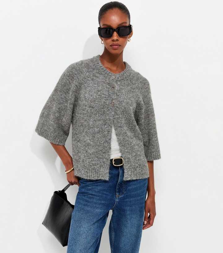 Dark Grey Knitted Short Sleeve Cape Cardigan