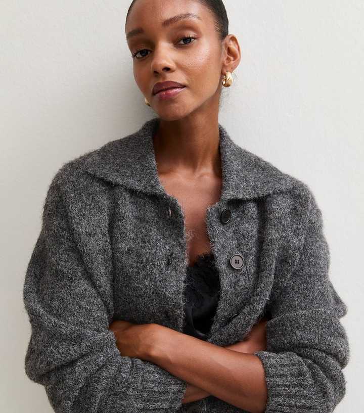 Dark Grey Knitted Collar Cardigan with Wool