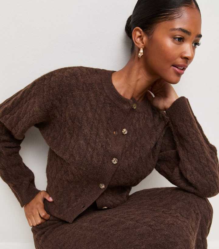 Dark Brown Cable Knit Crew Neck Cardigan