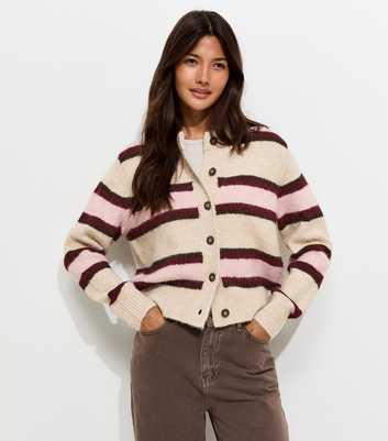 Cream Knitted Contrast Stripe Cardigan with Wool