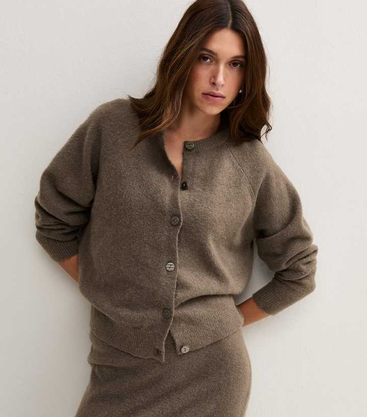 Dark Mink Knitted Button Up Raglan Cardigan