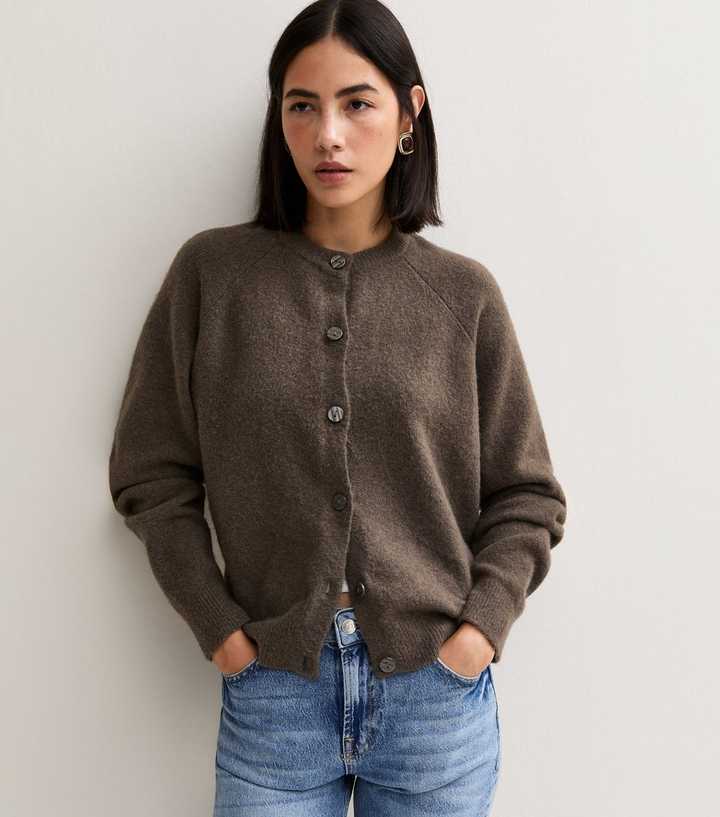 Dark Mink Knitted Button Up Raglan Cardigan