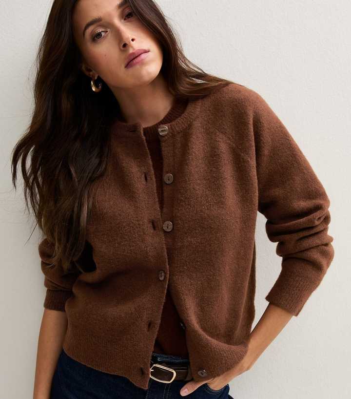 Dark Brown Knitted Button up Raglan Cardigan
