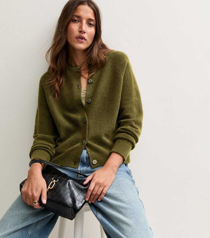 Dark Khaki Knitted Button Up Raglan Cardigan