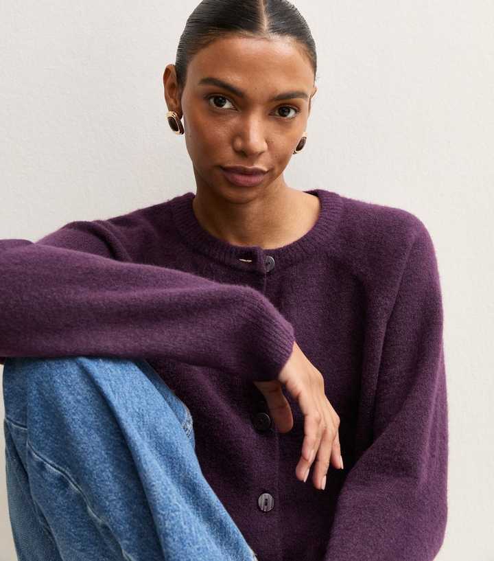 Bright Purple Knitted Button Up Raglan Cardigan
