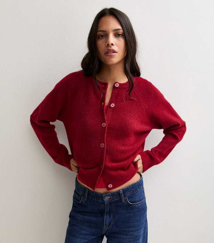 Dark Red Knitted Button Up Raglan Cardigan