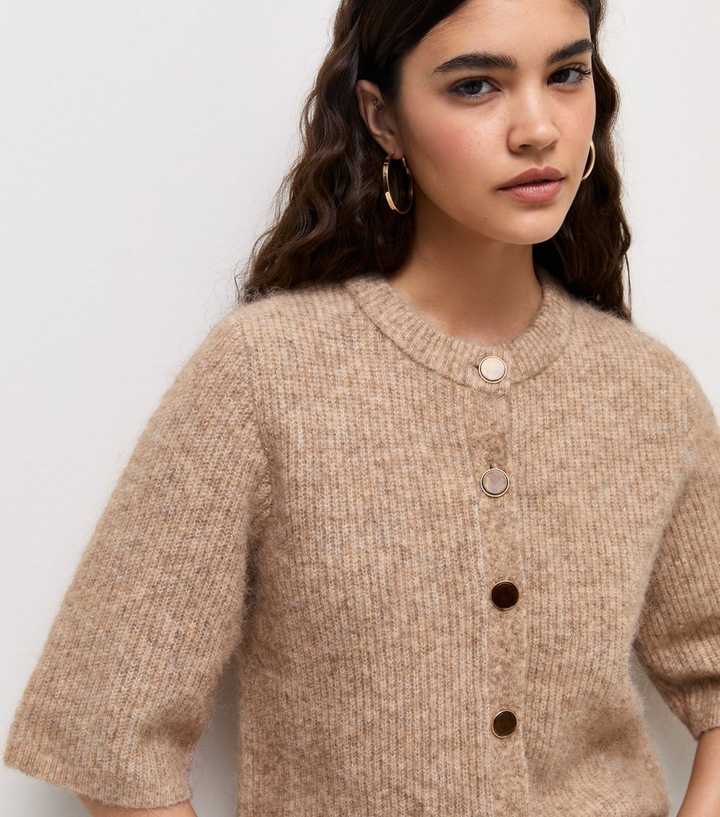 Light Mink Knit 3/4 Sleeve Cardigan with Wool
