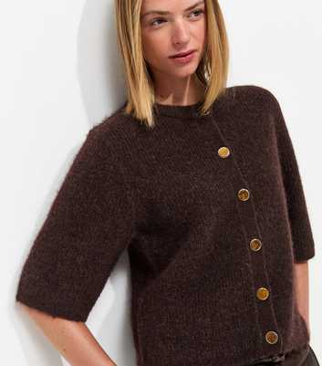 Dark Brown Short Sleeve Button Front Cardigan with Wool